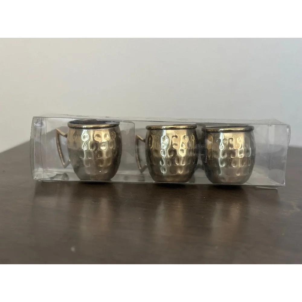 Set of 3‎ Mini Moscow Mule Mugs Hammered Brass Plated Stainless Steel 3 oz